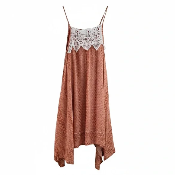 Alya Boho Rust Diamond Print Crochet Lace Trim Slip Boho Dress Medium - Picture 1 of 6
